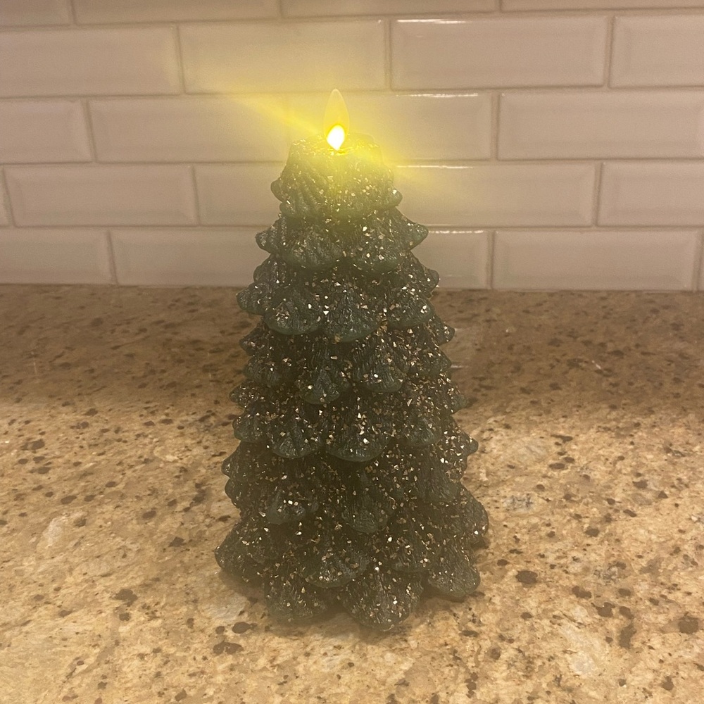 Luminara 8.5” Green Glitter Holiday Tree Flameless Candle
